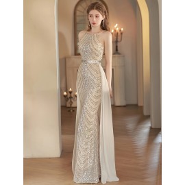 Women's Elegant Champagne Evening Gown - Formal Party Wedding Dress with Sequin Skirt, Mermaid-like Fishtail Train, for Prom, Galas, Hosting Events - Luxury Glamour Dress