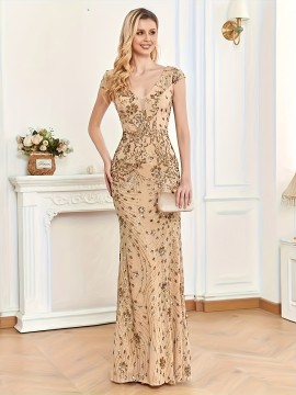 New European and Middle Eastern Style Sequined Champagne Evening Dress, Sexy Slim-Fit Mermaid Long Gown for Women