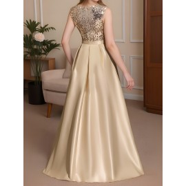 A formal evening gown with champagne colored elegant party sequins spliced high slit to the thigh back, a fashionable French wedding dress, suitable for party dinners/music performances/speech occasions, long dresses