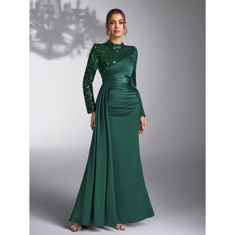 Emerald Green Sequin & Beaded Long Sleeve Bridesmaid Gown - Elegant Stand Collar Evening Dress for Weddings, Prom, Formal Events - All-Season Polyester Evening Dress for Women, Wedding Guest Attire | Sophisticated Bridesmaid Dress | Sequin Embellishments