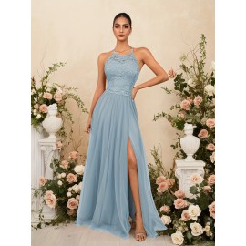 Elegant Blue Lace-Trimmed Maxi Dress with High Slit - Sleeveless, Flowing Design for Weddings, Proms & Formal Events, Perfect for Showcasing Fashionable Style, Formal Event Attire|Sleek Fitted Top|Lace Trim Detail