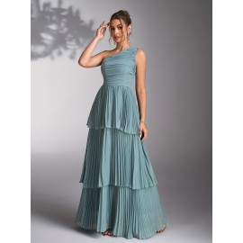 Elegant Mint Green Bridesmaid Evening Gown with Asymmetrical Neckline & Tiered Ruffled Skirt - Sleeveless A-Line Wedding Dress for Women, Perfect for Weddings and Formal Events, Dresses for Wedding Guest, Wedding Guest Attire, Sophisticated Craftsmanship