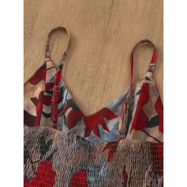 Women's Elegant Floral evening Dress - Formal Party, Wedding, Gala - Sleeveless A-Line Gown with Spaghetti Strap - Red Roses on Beige - Machine Washable Formal Attire, Wedding Guest Attire, Decorative Floral Print