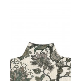 Elegant Floral Print High-Neck Sweater for Women - Chic Long Sleeve, Button-Up Front, Beige with Black & Brown Floral Design, Perfect for Fall & Winter, Autumn Winter Wear | Floral Print Top | Construction, Sweater Dress