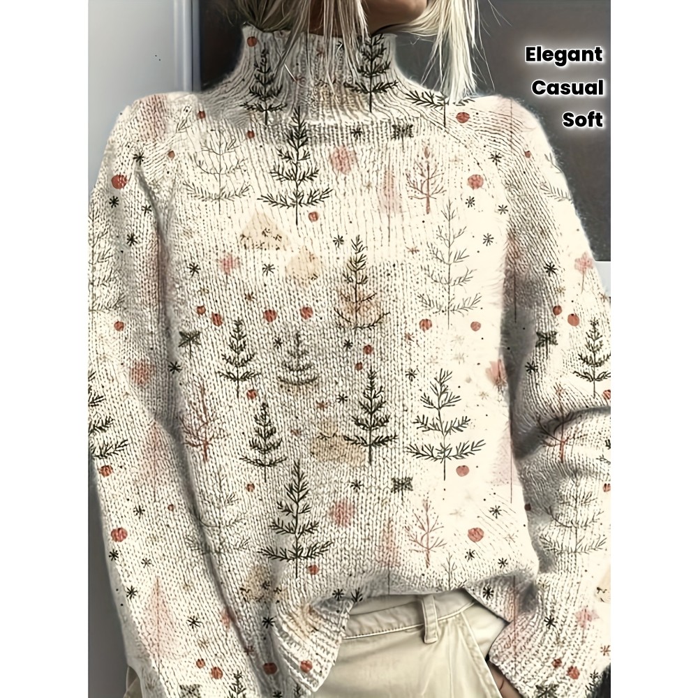 Women'S Elegant High-Neck Sweater with Tree Print - Soft Beige, Long Sleeve, All-Season Wear, Perfect for Casual or Chic Outfits, Versatile Clothing | Chic Knitwear | Texture