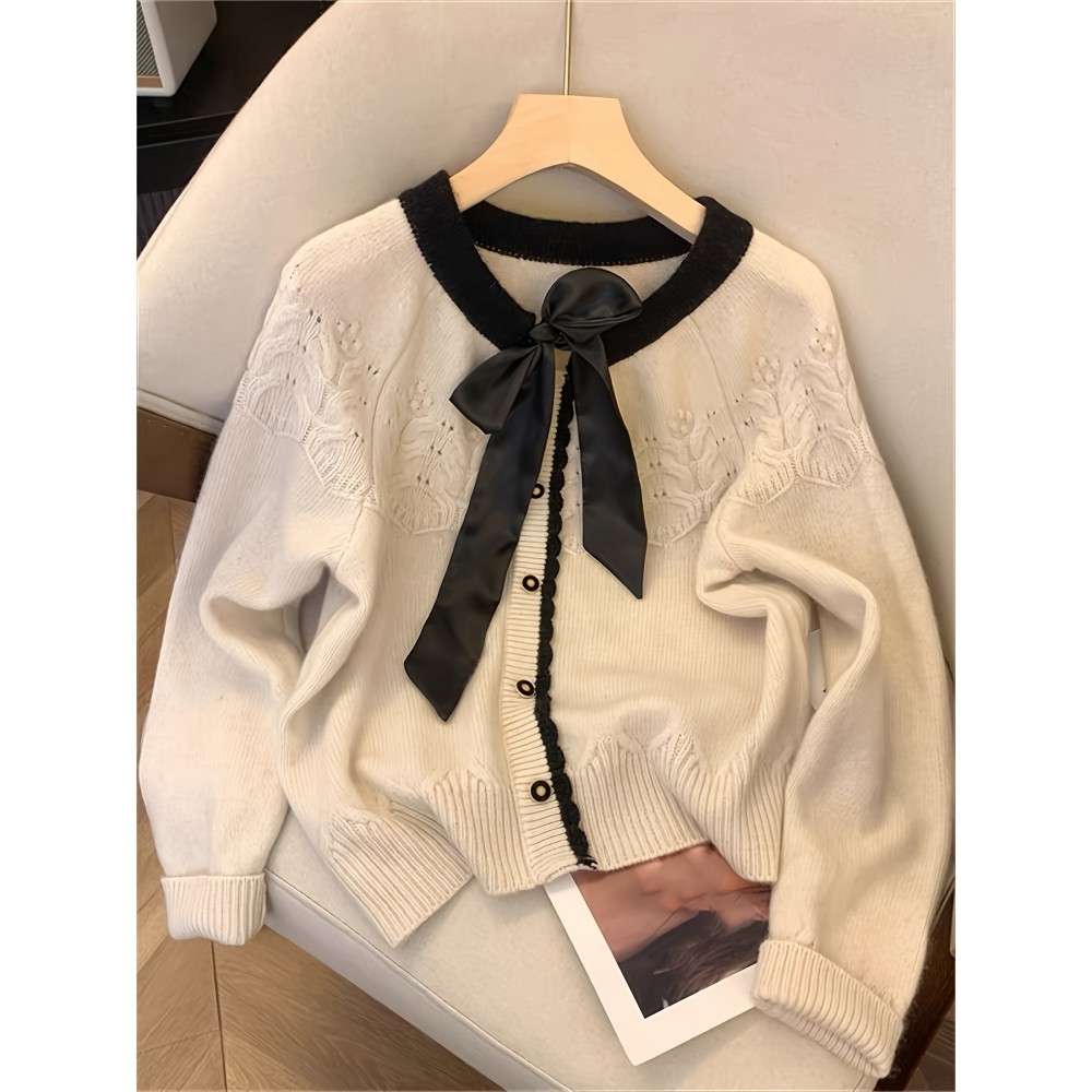 Elegant French-Style Color Block Long Sleeve Sweater with Bow Tie Detail, Round Neck, Button Front, Ribbed Cuffs - Perfect for Spring/Summer/Fall/Winter Outings and Valentine'S Day, Cute Sweaters