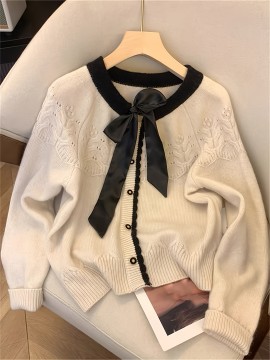 Elegant French-Style Color Block Long Sleeve Sweater with Bow Tie Detail, Round Neck, Button Front, Ribbed Cuffs - Perfect for Spring/Summer/Fall/Winter Outings and Valentine'S Day, Cute Sweaters