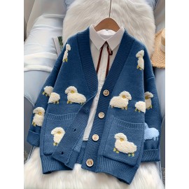 Women'S Elegant V-Neck Cardigan - Soft Sweater Coat with Button Front, Long Sleeve Fall/Winter Outerwear, Chic Layering Piece for Casual & Formal Outfits, Cardigan Sweater, Winter Clothing, Geometric Pattern, Stylish Coat, Office Wear