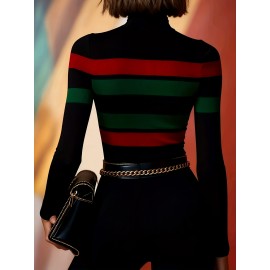 Women'S Bold Striped High-Neck Long Sleeve Crop Top - Vibrant Red & Green Stripes, Stretchy Fabric, Form-Fitting Design, Perfect for Casual or Stylish Outfits, Versatile Fashion Piece | Bold Striped Top | Construction, Crop Top Blouse