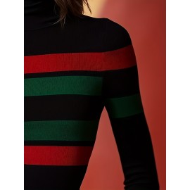 Women'S Bold Striped High-Neck Long Sleeve Crop Top - Vibrant Red & Green Stripes, Stretchy Fabric, Form-Fitting Design, Perfect for Casual or Stylish Outfits, Versatile Fashion Piece | Bold Striped Top | Construction, Crop Top Blouse