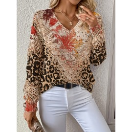 Elegant Bohemian V-Neck Long Sleeve Top for Women - Chic Floral Print, All-Season Versatile Pullover with Ruffled Sleeves, Perfect for Office, Streetwear, Home & Travel, Versatile Fashion|Vneck Top|Allseason Top