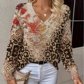 Elegant Bohemian V-Neck Long Sleeve Top for Women - Chic Floral Print, All-Season Versatile Pullover with Ruffled Sleeves, Perfect for Office, Streetwear, Home & Travel, Versatile Fashion|Vneck Top|Allseason Top