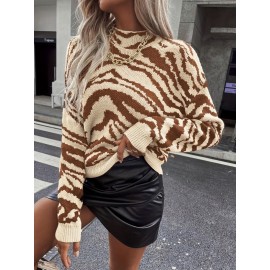 Zebra Striped Mock Neck Sweater, Elegant Long Sleeve Sweater For Fall & Winter, Women's Clothing