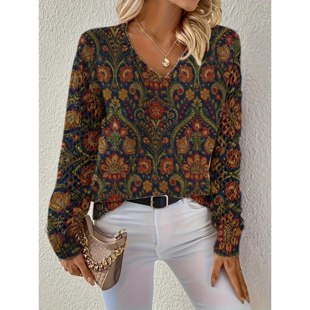 [Elegant Bohemian Sweater] Elegant Bohemian Women's V-Neck Long Sleeve Sweater | All-Season Floral Digital Print Pullover for Office, Streetwear & Home - Versatile Casual Chic Top