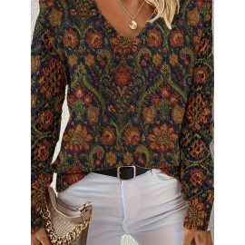 [Elegant Bohemian Sweater] Elegant Bohemian Women's V-Neck Long Sleeve Sweater | All-Season Floral Digital Print Pullover for Office, Streetwear & Home - Versatile Casual Chic Top