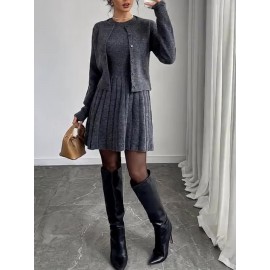 2pcs Elegant Set: Gray Button-Front Long-Sleeve Sweater and Round-Neck Pleated Sleeveless Dress