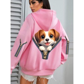 Plus Size Women's Cute Puppy Print Hoodie - Cozy Fleece-Lined Sweatshirt with Front Pocket & Drawstring Hood, Machine Washable Fall Winter Casual Fashion, Cute Hoodies, Autumn Apparel, Playful Design, Durable Zipper Detail