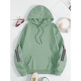 Plus Size Women's Cute Puppy Print Hoodie - Cozy Fleece-Lined Sweatshirt with Front Pocket & Drawstring Hood, Machine Washable Fall Winter Casual Fashion, Cute Hoodies, Autumn Apparel, Playful Design, Durable Zipper Detail