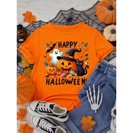 Halloween Women'S Plus Size T-Shirt - Spooky Pumpkin & Cat Graphic, Short Sleeve, Round Neck, Stretchy Polyester Blend, Casual & Elegant Style for Spring/Summer/Fall, Fall Fashion Top | Halloween Apparel | Stretchy Fabric
