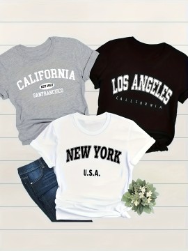 3-Pack Plus Size Letter Print T-Shirt, Short Sleeve Crew Neck Casual Top for Summer & Spring, Women'S Plus Size Clothing