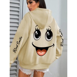 Plus Size smiling face Print Hoodie, Casual Fashion Sweatshirt, Hooded Pocket Drawstring Sweatshirt for Fall & Winter, Women's Clothing
