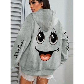 Plus Size smiling face Print Hoodie, Casual Fashion Sweatshirt, Hooded Pocket Drawstring Sweatshirt for Fall & Winter, Women's Clothing