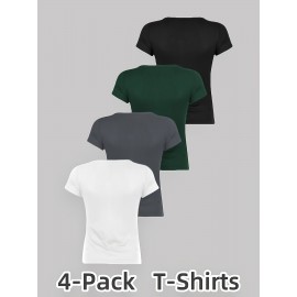 Women's Plus Size 4pcs T-Shirts - Stretchy Breathable V-Neck Button-Front Tops, Non-See-Through Fabric for Gym, Casual, Casual Attire - Black/, Machine Washable Summer Blouses, Workout Tops, Fitted Silhouette, Lightweight Material, Basic Tee, Women