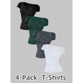 Women's Plus Size 4pcs T-Shirts - Stretchy Breathable V-Neck Button-Front Tops, Non-See-Through Fabric for Gym, Casual, Casual Attire - Black/, Machine Washable Summer Blouses, Workout Tops, Fitted Silhouette, Lightweight Material, Basic Tee, Women