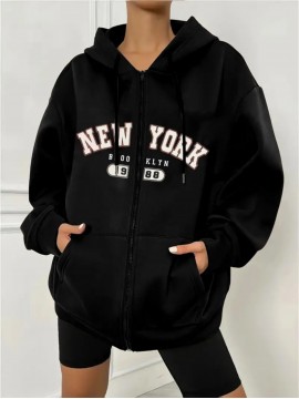Women's Plus Size New York Graphic Hoodie - Casual Gray Zip-Up Sweatshirt with Kangaroo Pocket, Long Sleeves, and Ribbed Cuffs, Cute Hoodies