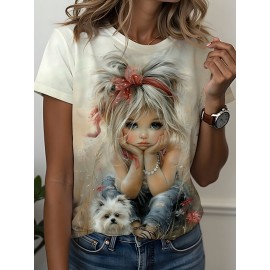 Plus Size Women's Round Neck Short Sleeve T-Shirt with Cute Little and White Dog Outdoor Pattern Print