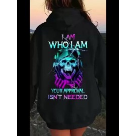 Plus Size Women'S Casual Hoodie with Bold Skull & Letter Print - Soft, Long Sleeve Pullover with Drawstring, Pockets, and 
