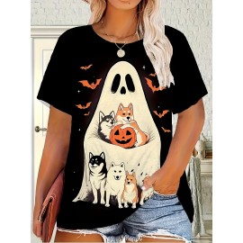 Plus Size - Plus Size - Women'S Plus Size Halloween T-Shirt - Cute Ghost & Pumpkin Print, Casual Crew Neck Short Sleeve Top, Medium Stretch, Non-Transparent, Machine Washable, Festive Summer Fashion, Halloween Apparel | Playful Print Top | Stretchy Fabric