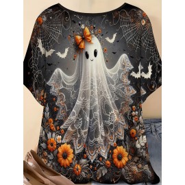 Plus Size - Plus Size - Women'S Plus Size Halloween T-Shirt - Cute Ghost & Pumpkin Print, Casual Crew Neck Short Sleeve Top, Medium Stretch, Non-Transparent, Machine Washable, Festive Summer Fashion, Halloween Apparel | Playful Print Top | Stretchy Fabric