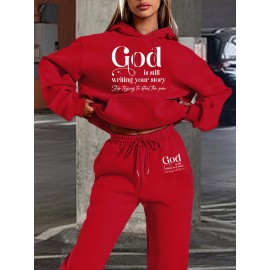 Machine Washable Polyester Blend Women's Casual Hoodie & Jogger Set - Letter Print, Drawstring Waist with Pockets, Perfect for Fall/Winter