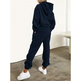 Machine Washable Polyester Blend Women's Casual Hoodie & Jogger Set - Letter Print, Drawstring Waist with Pockets, Perfect for Fall/Winter