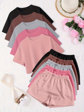10pcs Women'S Spring Summer Casual Top and Pants Set Round Neck Short Sleeve T-Shirt + Comfortable Home Shorts -D10+K8-10pcs