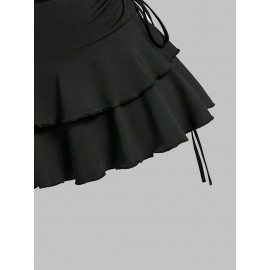 [Spring Sexy Dress] 2pcs Set Spring/Summer Sexy Short Dress Outfit + Fashion Bow Tie Camisole Vest, Multi-Layer Drawstring Women's Skirt