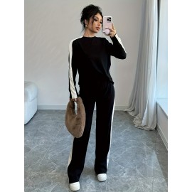 2pcs Women'S Fashion Striped Contrast Color Round Neck T-Shirt and Long Pants Set, Casual Style, Long Sleeve, Loose Fit, Fall/Winter Collection, Pullover Top, Regular Fit, No Belt, Casual Attire|Striped Pattern|Loose Fit Pants