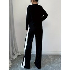 2pcs Women'S Fashion Striped Contrast Color Round Neck T-Shirt and Long Pants Set, Casual Style, Long Sleeve, Loose Fit, Fall/Winter Collection, Pullover Top, Regular Fit, No Belt, Casual Attire|Striped Pattern|Loose Fit Pants