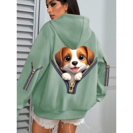 Plus Size Women's Cute Puppy Print Hoodie - Cozy Fleece-Lined Sweatshirt with Front Pocket & Drawstring Hood, Machine Washable Fall Winter Casual Fashion, Cute Hoodies, Autumn Apparel, Playful Design, Durable Zipper Detail