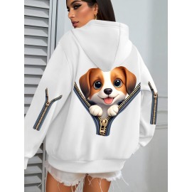 Plus Size Women's Cute Puppy Print Hoodie - Cozy Fleece-Lined Sweatshirt with Front Pocket & Drawstring Hood, Machine Washable Fall Winter Casual Fashion, Cute Hoodies, Autumn Apparel, Playful Design, Durable Zipper Detail