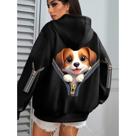 Plus Size Women's Cute Puppy Print Hoodie - Cozy Fleece-Lined Sweatshirt with Front Pocket & Drawstring Hood, Machine Washable Fall Winter Casual Fashion, Cute Hoodies, Autumn Apparel, Playful Design, Durable Zipper Detail