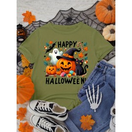 Halloween Women'S Plus Size T-Shirt - Spooky Pumpkin & Cat Graphic, Short Sleeve, Round Neck, Stretchy Polyester Blend, Casual & Elegant Style for Spring/Summer/Fall, Fall Fashion Top | Halloween Apparel | Stretchy Fabric