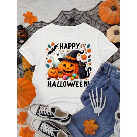 Halloween Women'S Plus Size T-Shirt - Spooky Pumpkin & Cat Graphic, Short Sleeve, Round Neck, Stretchy Polyester Blend, Casual & Elegant Style for Spring/Summer/Fall, Fall Fashion Top | Halloween Apparel | Stretchy Fabric