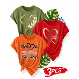 [3pcs Retro Tees] 3pcs Retro Love Heart Graphic Tees | Casual Short Sleeve Women's T-Shirts in Beige, Red & Orange with Golden Accents, Soft Polyester Blend