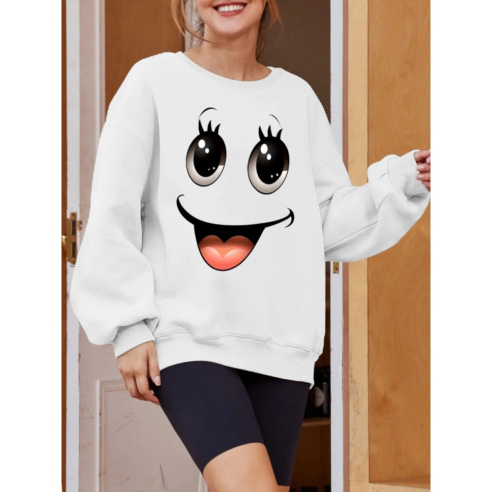 Plus Size Women's Loose Fit Long Sleeve Sweatshirt - Geometric Pattern Round Neck Casual Pullover, All-Season Soft Breathable Fabric, Machine Washable for Everyday Comfort, Comfortable Clothing, Playful Design, Easy Care Material