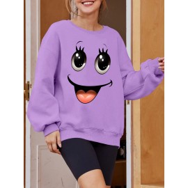 Plus Size Women's Loose Fit Long Sleeve Sweatshirt - Geometric Pattern Round Neck Casual Pullover, All-Season Soft Breathable Fabric, Machine Washable for Everyday Comfort, Comfortable Clothing, Playful Design, Easy Care Material