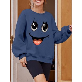 Plus Size Women's Loose Fit Long Sleeve Sweatshirt - Geometric Pattern Round Neck Casual Pullover, All-Season Soft Breathable Fabric, Machine Washable for Everyday Comfort, Comfortable Clothing, Playful Design, Easy Care Material