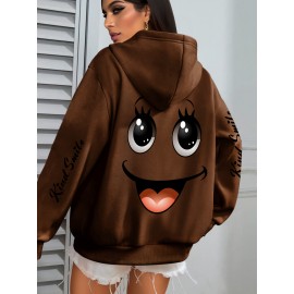 Plus Size smiling face Print Hoodie, Casual Fashion Sweatshirt, Hooded Pocket Drawstring Sweatshirt for Fall & Winter, Women's Clothing