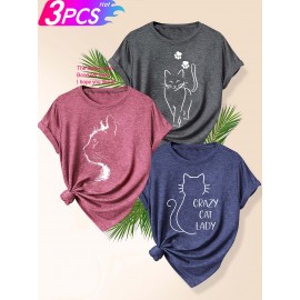 3pcs Women'S Retro Graphic T-Shirt Set - 